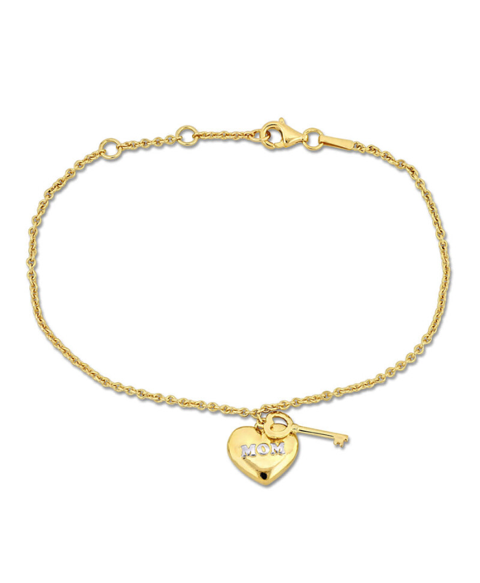 Mom Heart & Key Charm Bracelet In 18k Yellow Plated Sterling Silver - 7in.