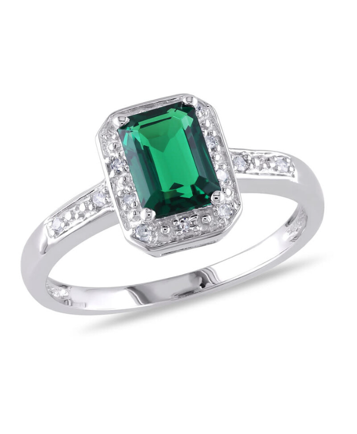 Amour Emerald Cut Created Emerald and Diamond Accent Ring In Sterling Silver