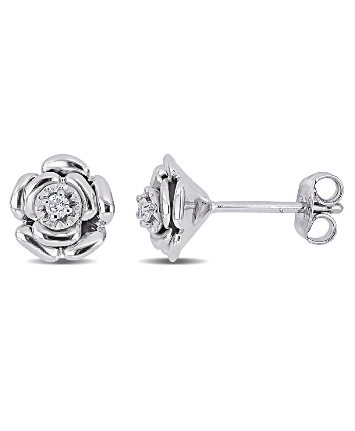 Amour Diamond Floral Stud Earrings In Sterling Silver