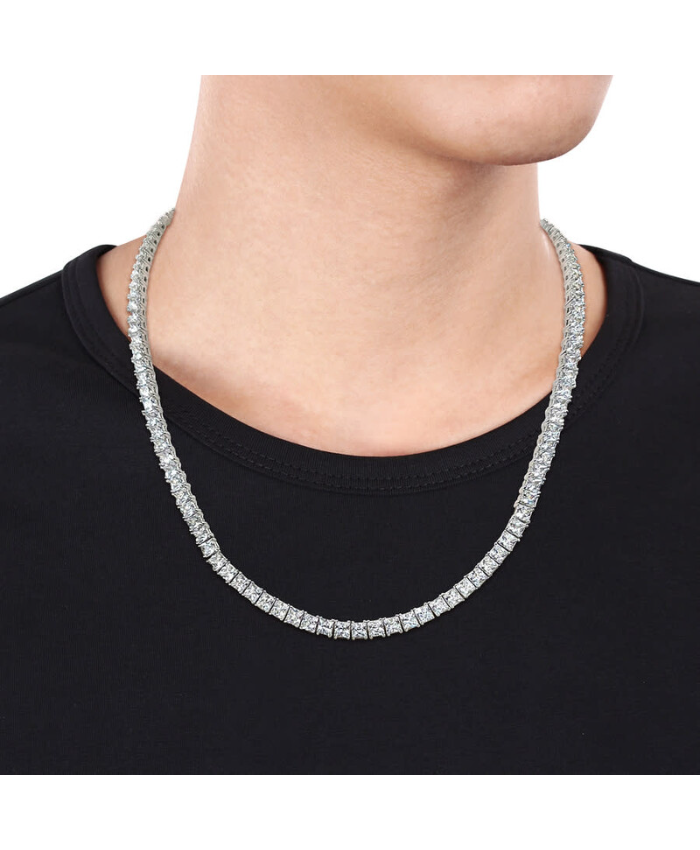 Amour 44 CT TGW Square Created White Sapphire Men's Tennis Necklace In Sterling Silver