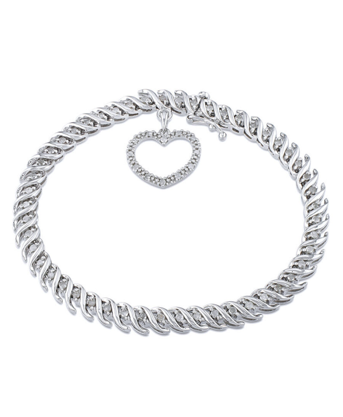 Amour 1 CT TW Diamond Tennis Bracelet with Heart Charm In Sterling Silver
