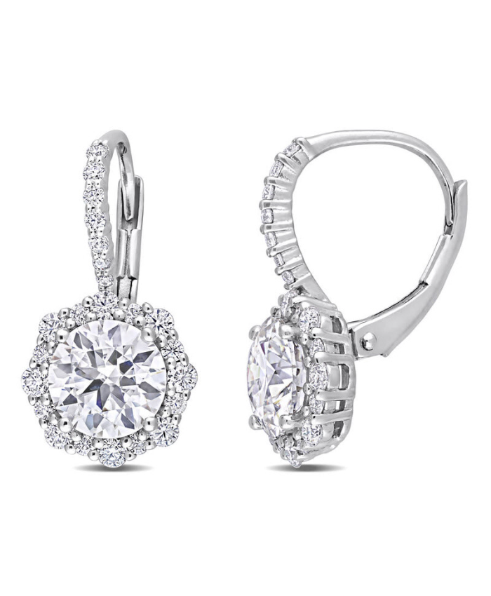 Amour 3 1/6 CT DEW Created Moissanite Floral Halo Leverback Earrings In Sterling Silver