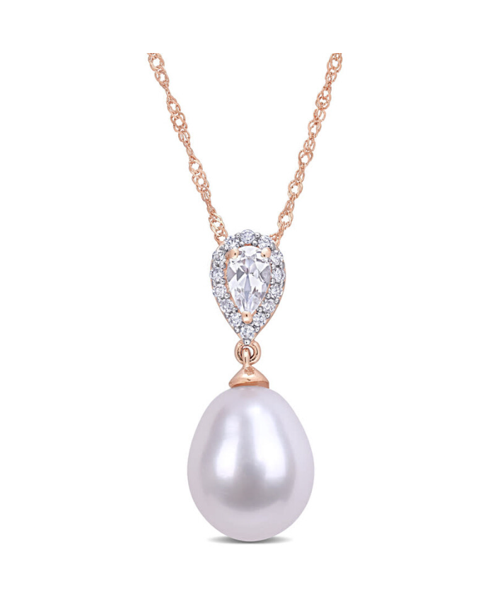 Amour 9-9.5 Mm Freshwater Cultured Pearl 1/4 CT TGW White Topaz and Diamond Accent Drop Pendant with Chain In 10K Rose Gold