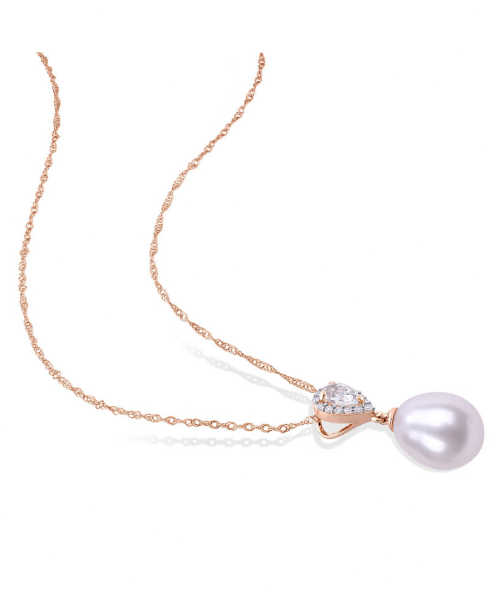 Amour 9-9.5 Mm Freshwater Cultured Pearl 1/4 CT TGW White Topaz And Diamond Accent Drop Pendant With Chain In 10K Rose Gold