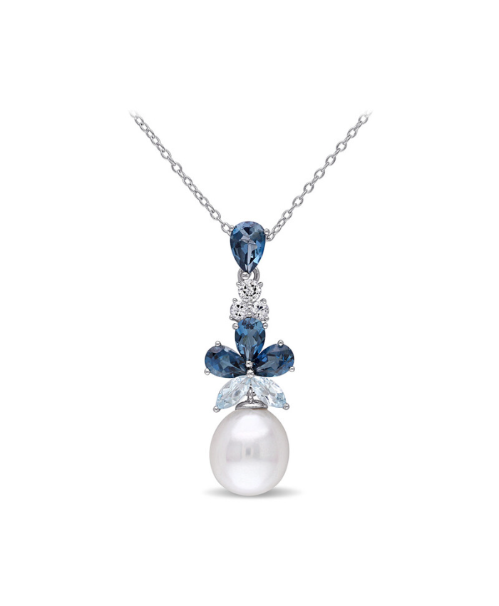 3 1/4 CT TGW London, Sky Blue And White Topaz And 9.5 - 10 Mm White Cultured Freshwater Pearl Drop Pendant With Chain In Sterling Silver
