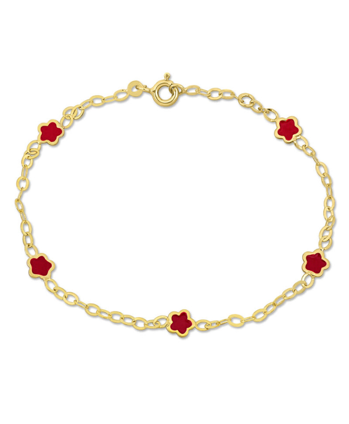 Amour Pink Enamel Flower Charm Station Bracelet in 14k Yellow Gold - 7 in.