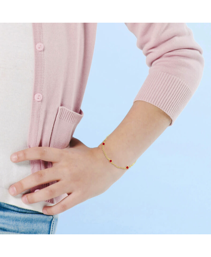 Amour Pink Enamel Flower Charm Station Bracelet in 14k Yellow Gold - 7 in.