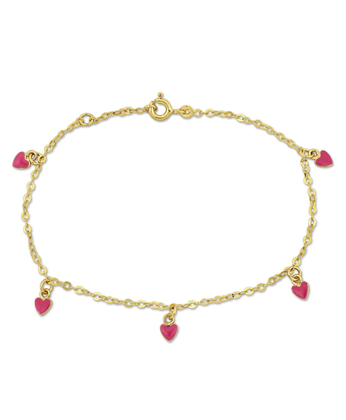 Amour Pink Enamel Heart Charm Link Chain Station Bracelet in 14k Yellow Gold - 6.5+0.5 in.