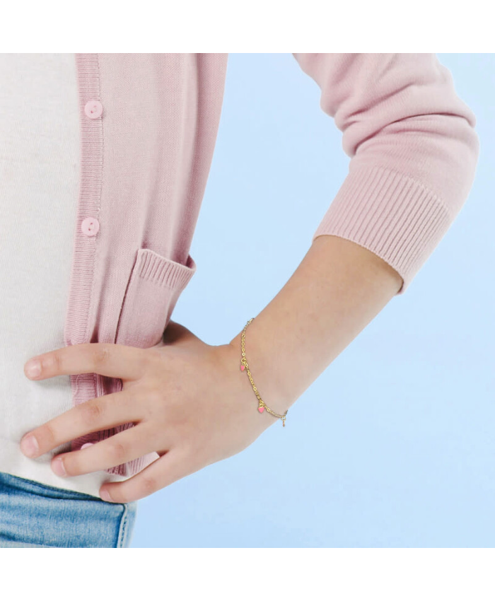 Amour Pink Enamel Heart Charm Link Chain Station Bracelet in 14k Yellow Gold - 6.5+0.5 in.