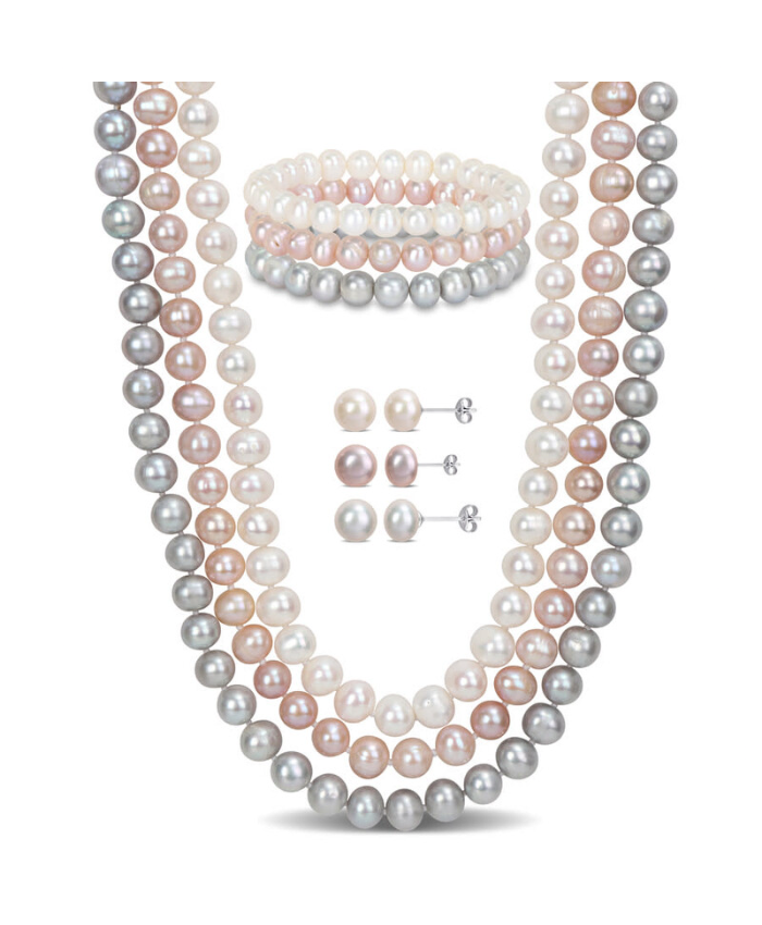 Amour 7-piece Jewelry Set (white/grey/pink) Freshwater Cultured 7.5-8mm Pearls - 3-Strand Necklace, 3 X 7in Stretch Bracelets, 3 Pairs Of Earrings In