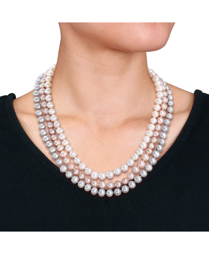 Amour 7-piece Jewelry Set (white/grey/pink) Freshwater Cultured 7.5-8mm Pearls - 3-Strand Necklace, 3 X 7in Stretch Bracelets, 3 Pairs Of Earrings In