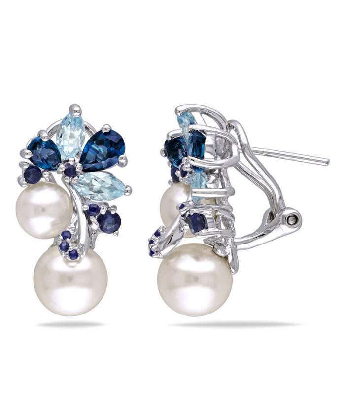 Amour 3 CT TGW London and Sky Blue Topaz, Sapphire and White Cultured Freshwater Pearl Cluster Earrings In Sterling Silver