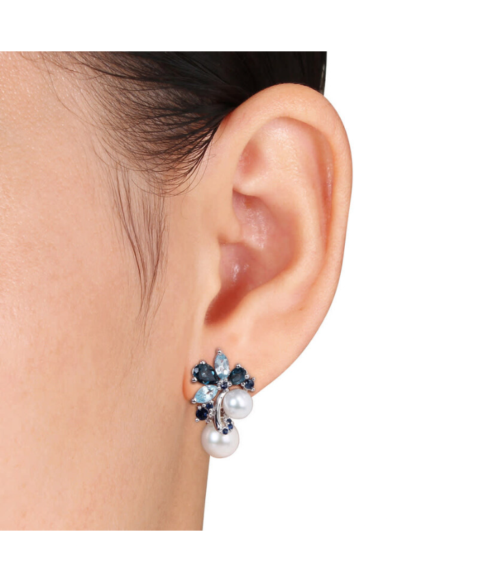 Amour 3 CT TGW London And Sky Blue Topaz, Sapphire And White Cultured Freshwater Pearl Cluster Earrings In Sterling Silver