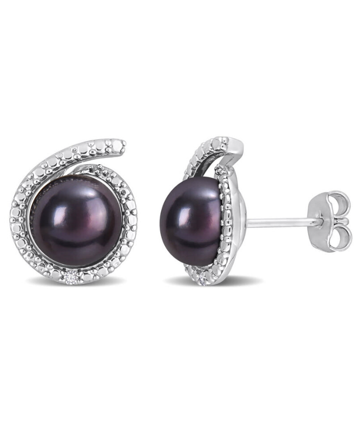 Amour 8-8.5mm Black Freshwater Cultured Pearl And Diamond Accent Swirl Stud Earrings In Sterling Silver