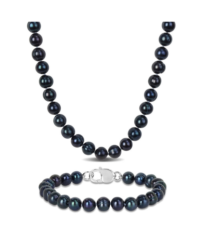 Amour Men's 2-Piece Set 8-8.5mm Black Cultured Freshwater Pearl Necklace And Bracelet With Sterling Silver Clasps - 20in & 9in