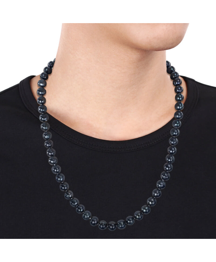 Amour Men's 2-Piece Set 8-8.5mm Black Cultured Freshwater Pearl Necklace and Bracelet with Sterling Silver Clasps - 20in & 9in