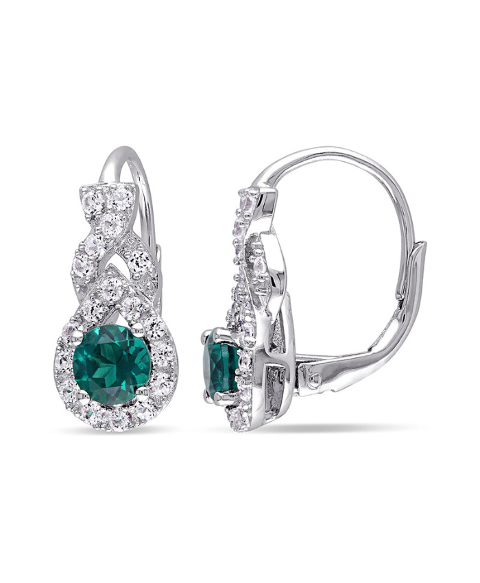 Amour Created Emerald And White Sapphire Twist Leverback Earrings In Sterling Silver
