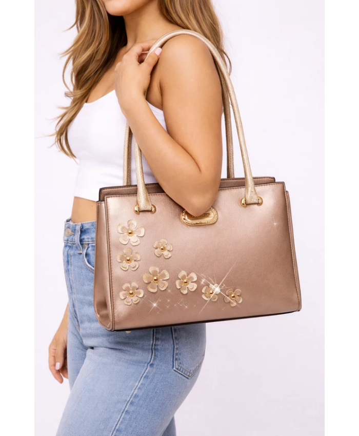 Brangio Italy Elegant Metallic Twinkle Cosmos Floral Handbag