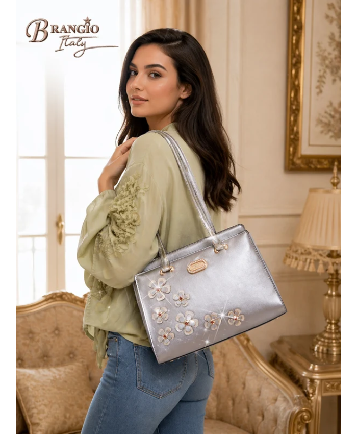 Brangio Italy Elegant Metallic Twinkle Cosmos Floral Handbag