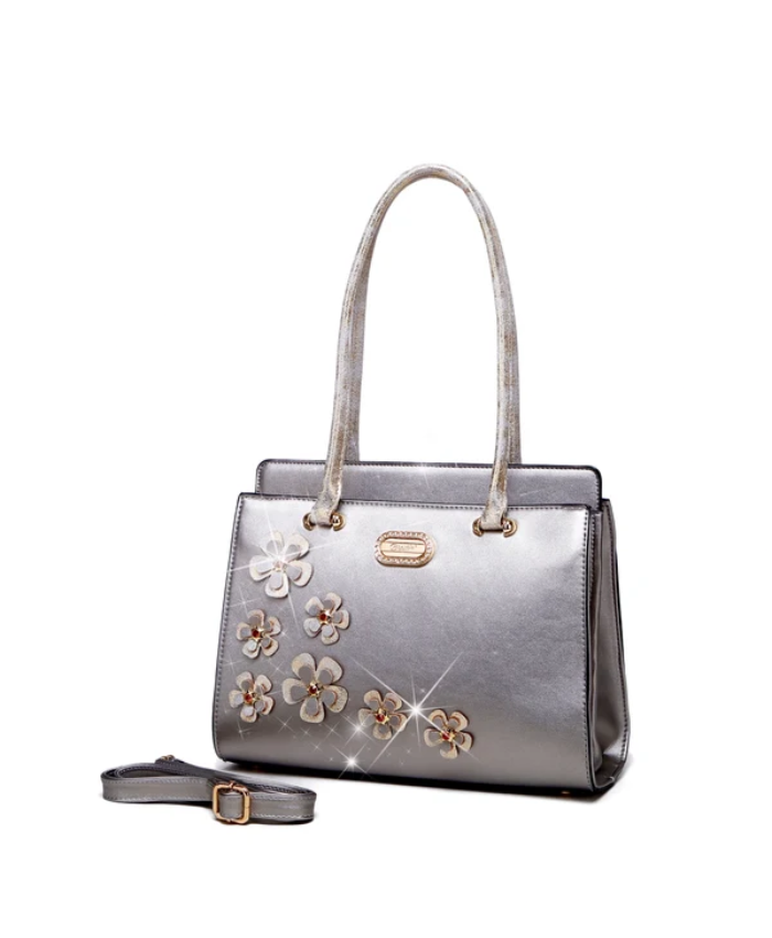 Brangio Italy Elegant Metallic Twinkle Cosmos Floral Handbag
