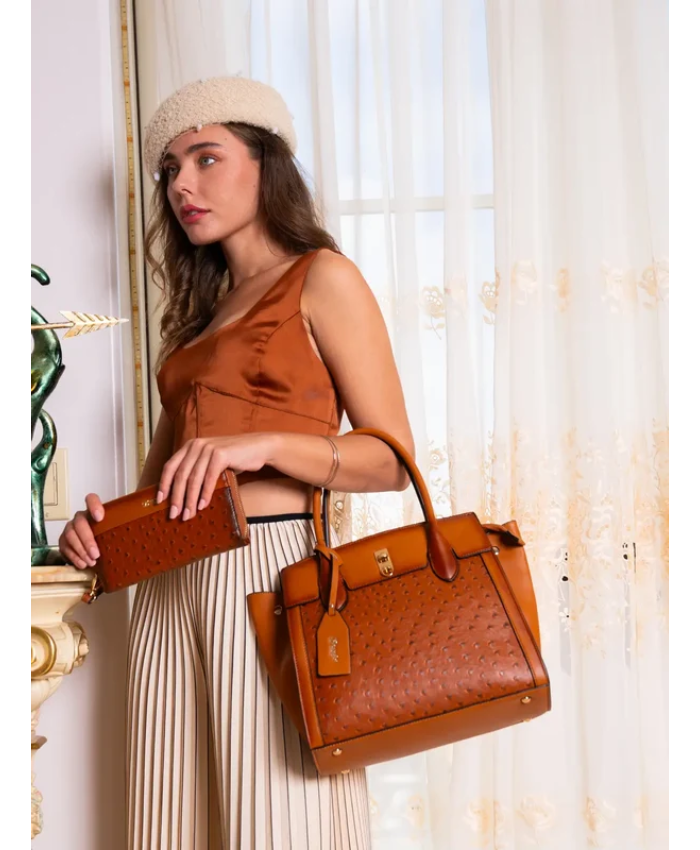 Brangio Italy Ostrich Texture Designer Structured Handbag
