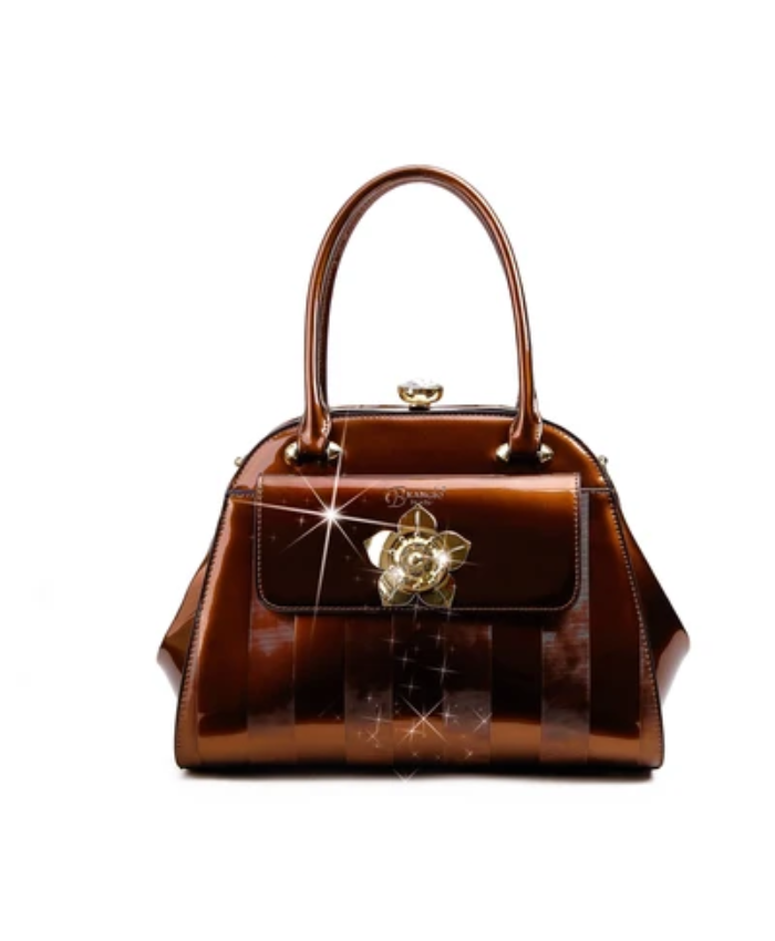 Brangio Italy Patent Satchel Handbag – Floral Lock Design