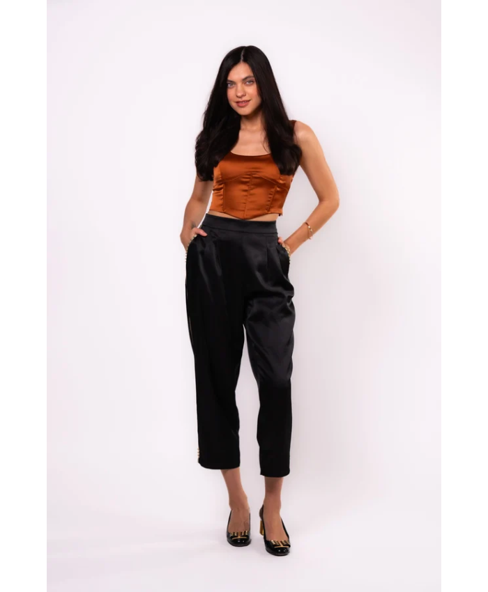 Brangio Italy Luxe Sapphire Chain-Embellished Satin Pants- Black