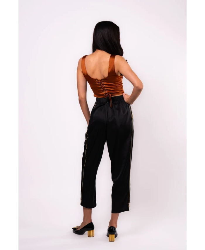 Brangio Italy Luxe Sapphire Chain-Embellished Satin Pants- Black