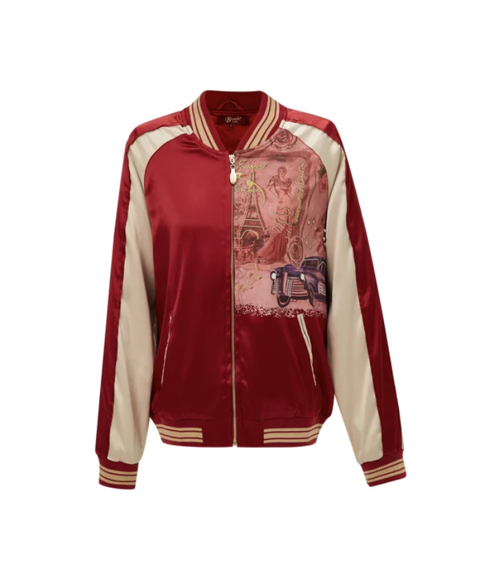Brangio Italy Vintage Bomber Jacket with Floral Embroidery - Burgundy