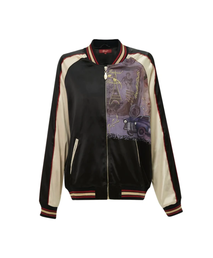 Brangio Italy Vintage Bomber Jacket With Floral Embroidery - Black
