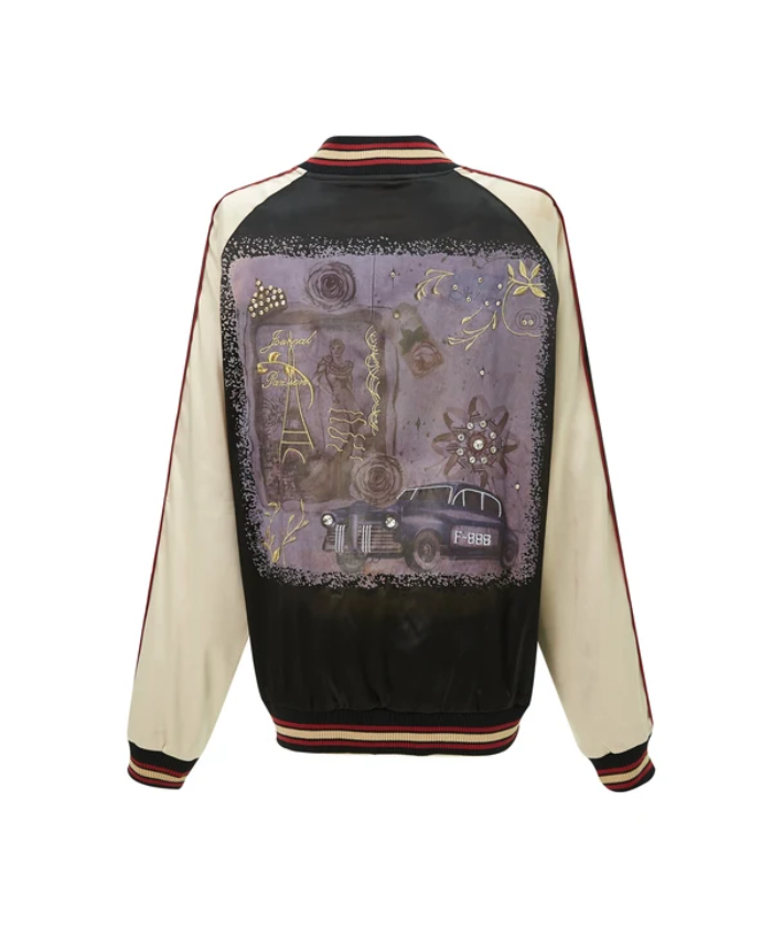 Brangio Italy Vintage Bomber Jacket with Floral Embroidery - Black