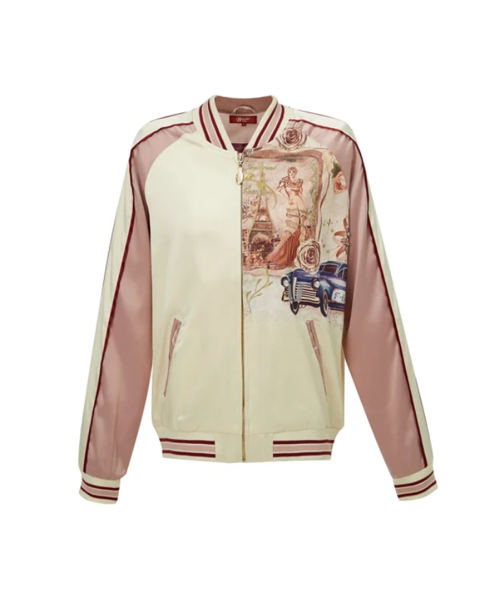 Brangio Italy Vintage Bomber Jacket With Floral Embroidery - Pearl White