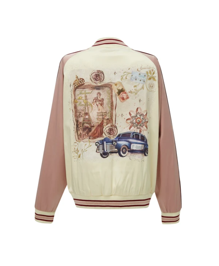Brangio Italy Vintage Bomber Jacket with Floral Embroidery - Pearl White