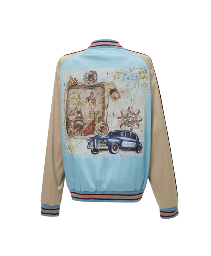 Brangio Italy Vintage Bomber Jacket With Floral Embroidery - Blue