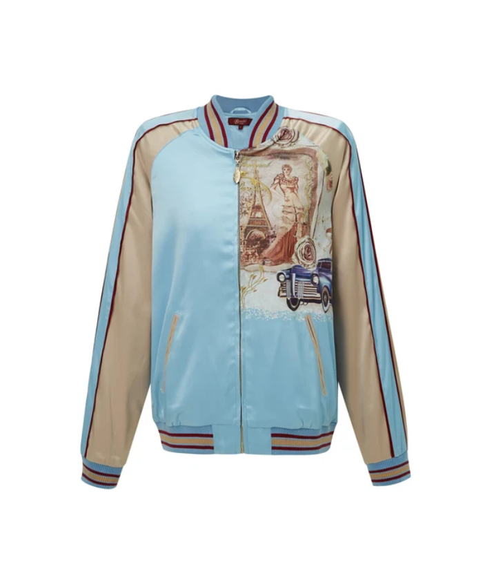 Brangio Italy Vintage Bomber Jacket With Floral Embroidery - Blue