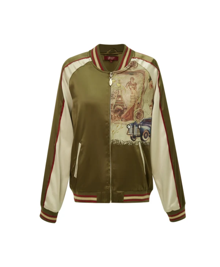Brangio Italy Vintage Bomber Jacket With Floral Embroidery - Green
