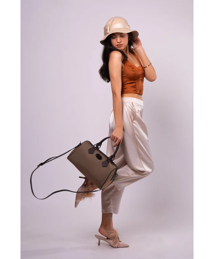 Brangio Italy Luxe Sapphire Chain-Embellished Satin Pants- Pearl White