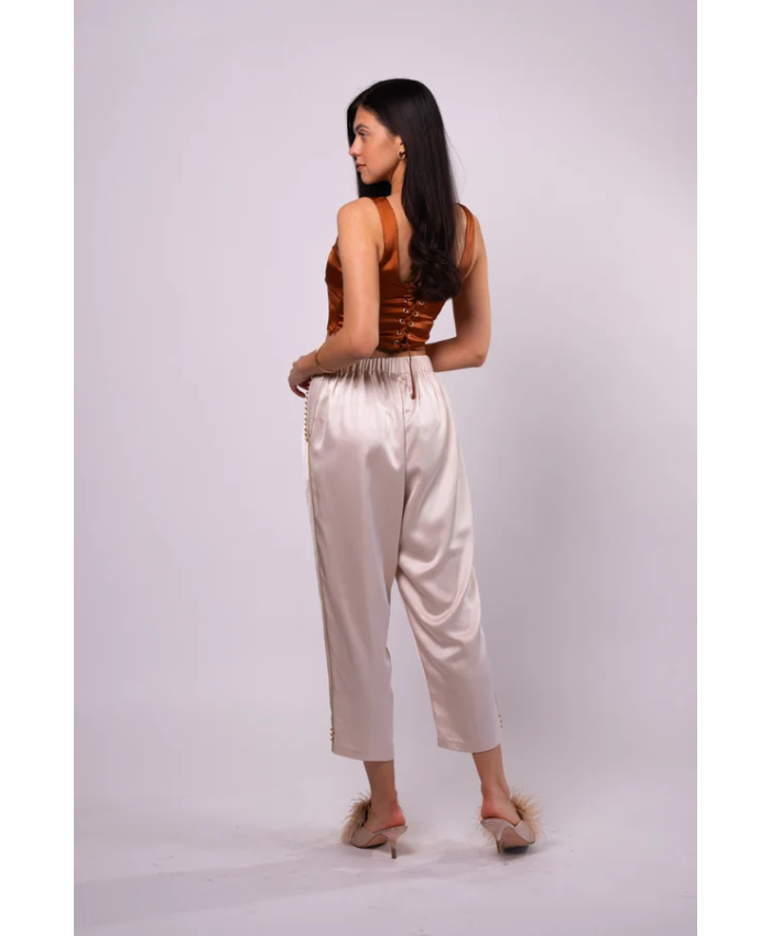 Brangio Italy Luxe Sapphire Chain-Embellished Satin Pants- Pearl White