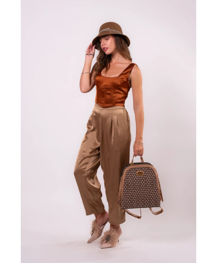 Brangio Italy Luxe Sapphire Chain-Embellished Satin Pants- Gold