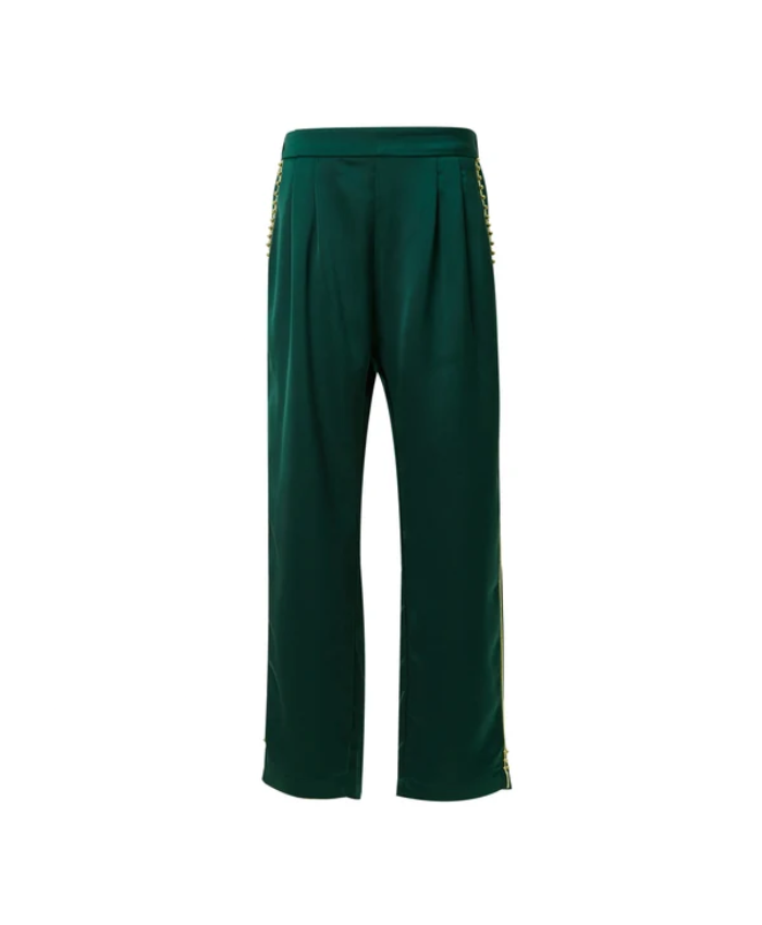 Brangio Italy Luxe Sapphire Chain-Embellished Satin Pants- Green