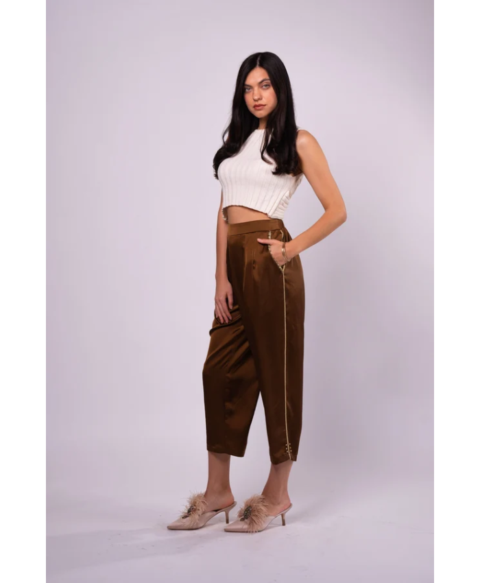 Brangio Italy Luxe Sapphire Chain-Embellished Satin Pants- Coffee