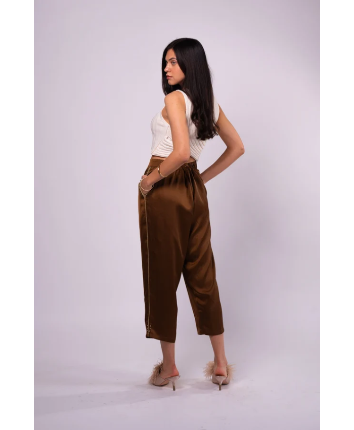 Brangio Italy Luxe Sapphire Chain-Embellished Satin Pants- Coffee