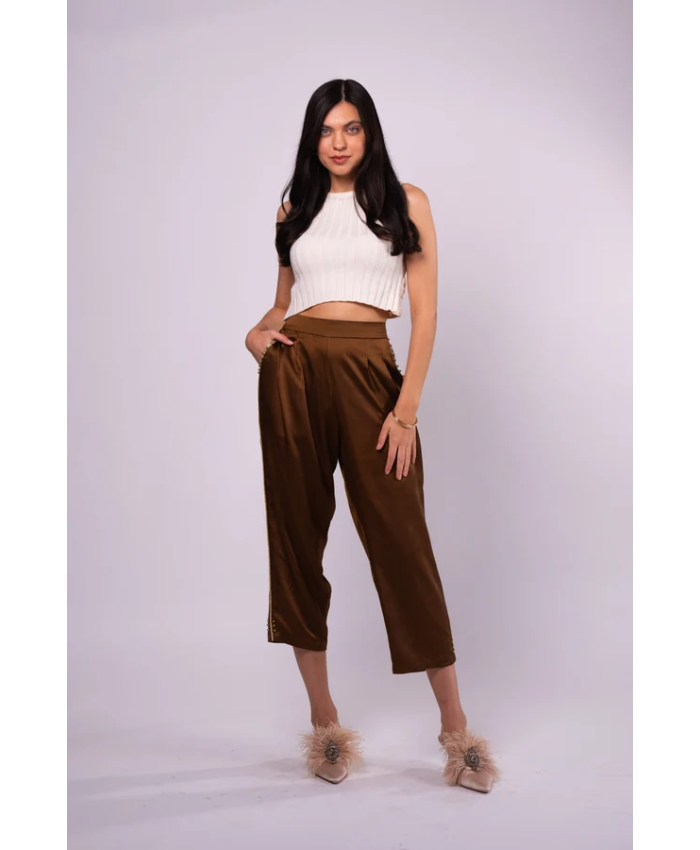 Brangio Italy Luxe Sapphire Chain-Embellished Satin Pants- Coffee