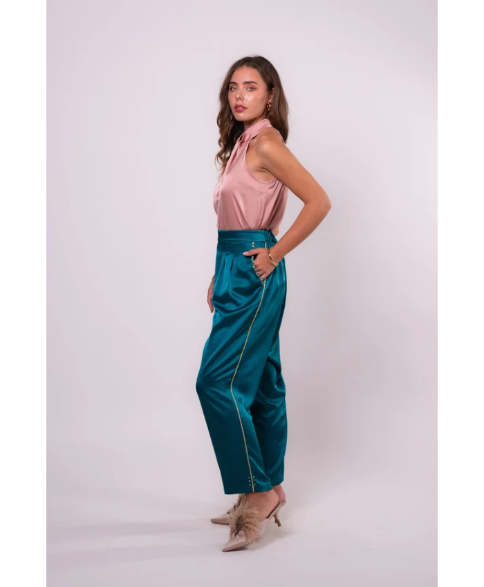 Brangio Italy Luxe Sapphire Chain-Embellished Satin Pants- Blue