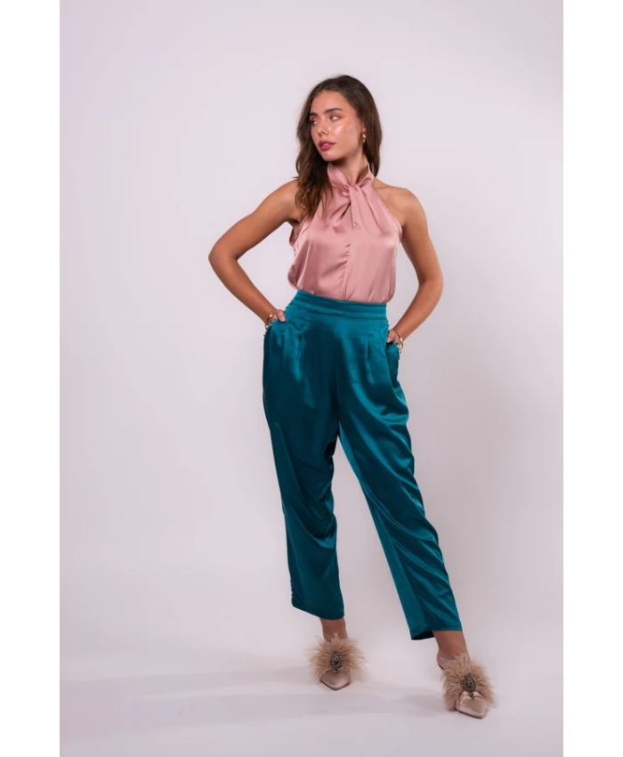 Brangio Italy Luxe Sapphire Chain-Embellished Satin Pants- Blue