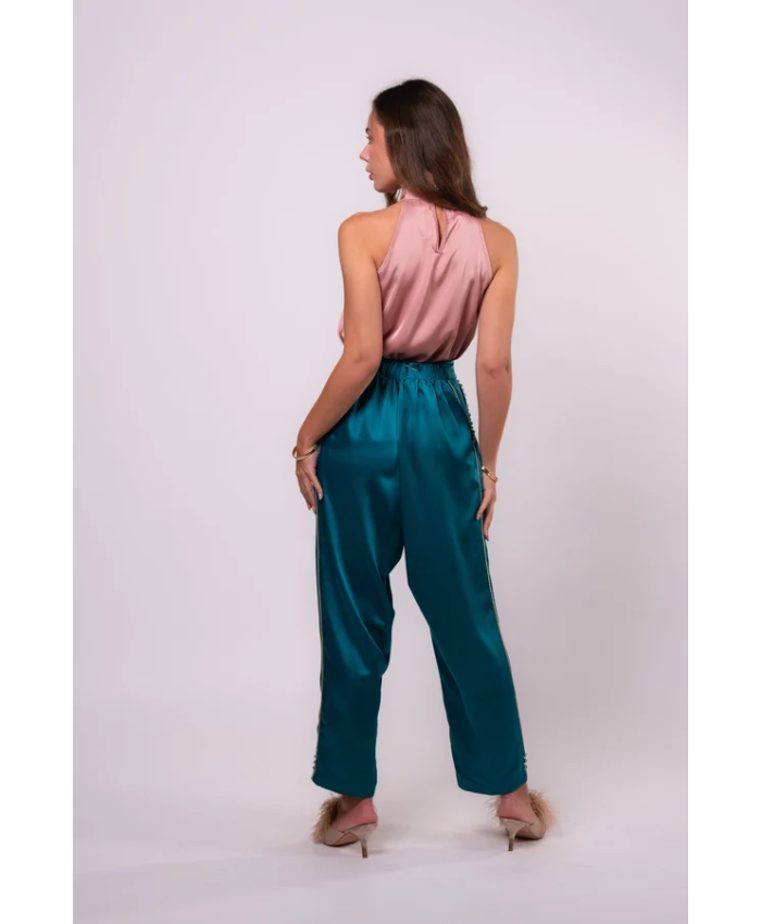Brangio Italy Luxe Sapphire Chain-Embellished Satin Pants- Blue