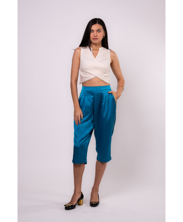 Brangio Luxe Sapphire Chain-Embellished Satin Culottes-Blue