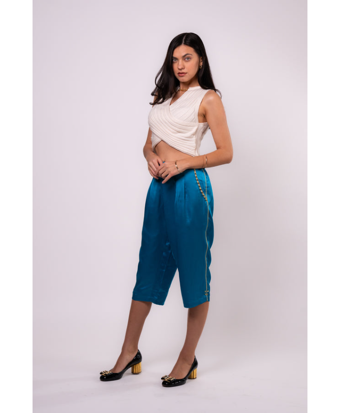 Brangio Luxe Sapphire Chain-Embellished Satin Culottes-Blue