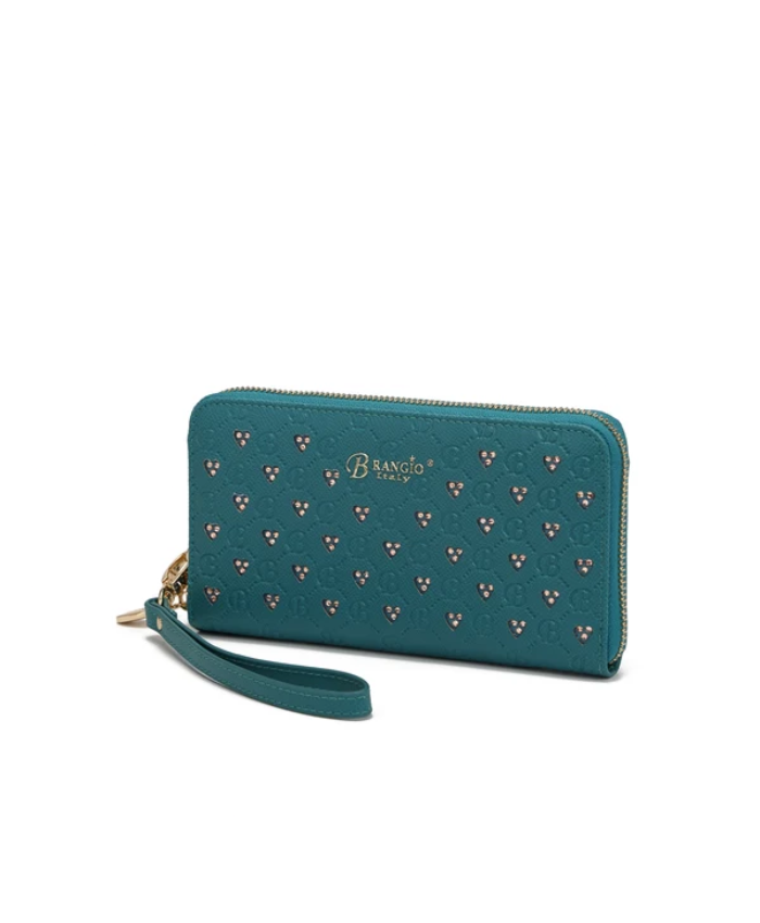 Brangio Italy Teal Embossed Heart Zippered Wristlet Wallet